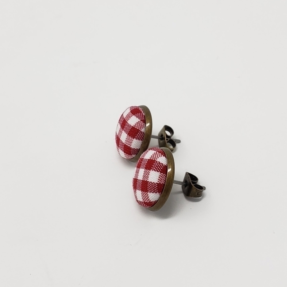 New Handmade | Upcycled Red White Plaid Button Stud Earrings - Picture 3 of 3